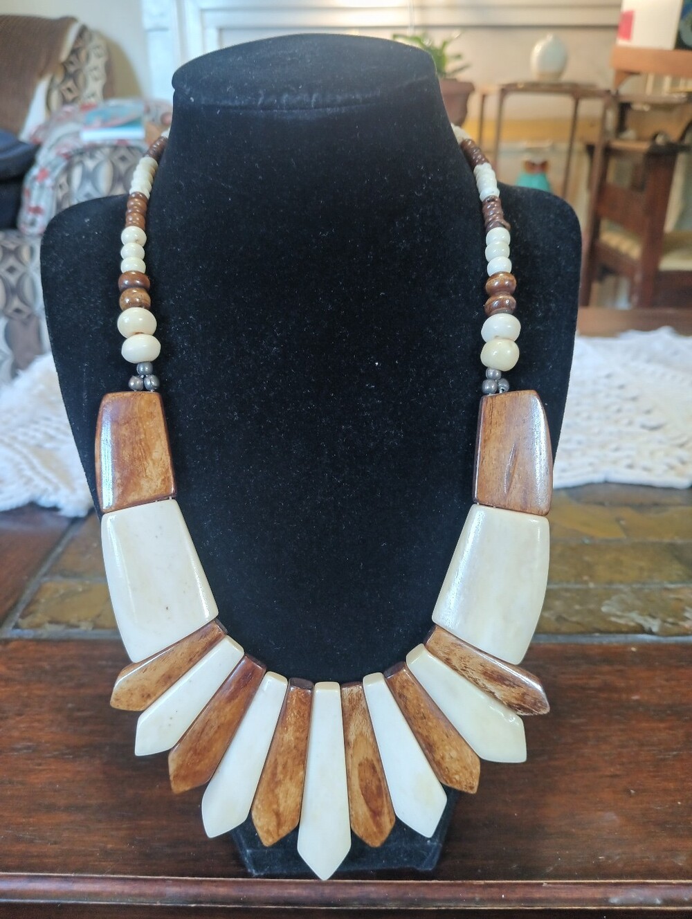 Vintage Handmade Carved Wood & Bone Statement Necklace